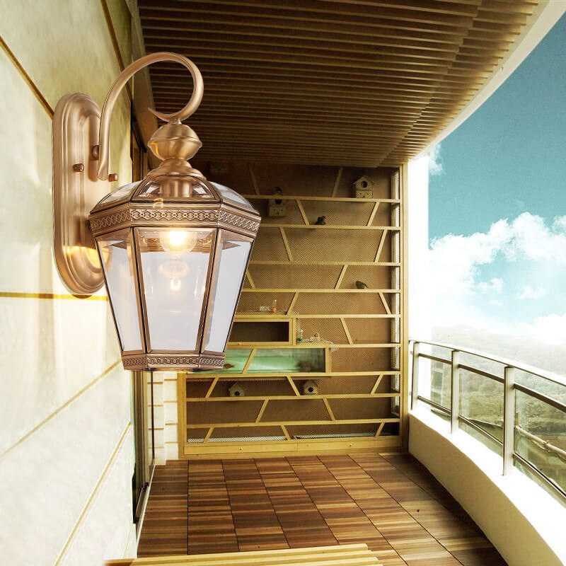 Europejska Nowoczesna Sześciokątna Lampa | Miedziana Szklana Wodoodporna Lampa Ścienna Na Zewnątrz