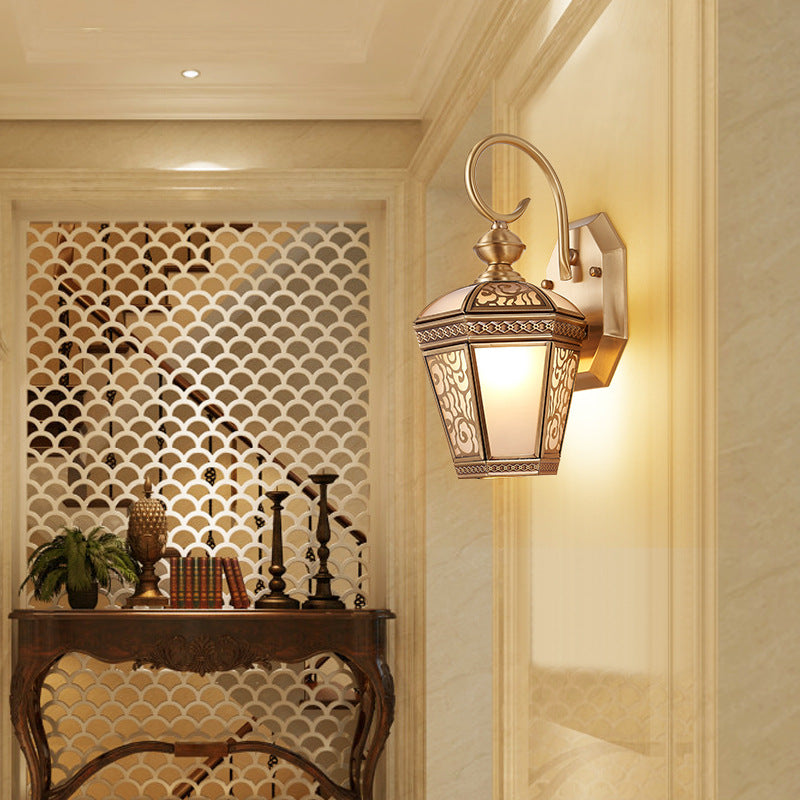 Europejska Nowoczesna Sześciokątna Lampa | Miedziana Szklana Wodoodporna Lampa Ścienna Na Zewnątrz