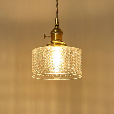 Retro Cylinderowa Lampa Wisząca | 1 Źródło Światła w Przezroczystym/Zielonym Faliowym Szkle i Mosiężnym Włączniku