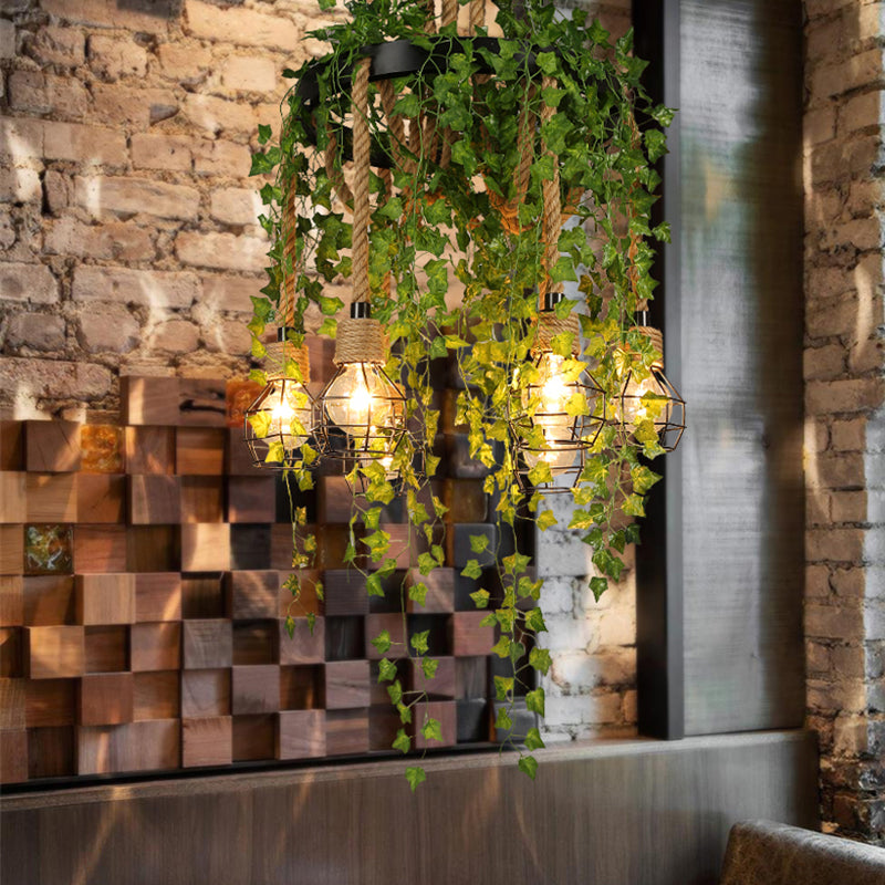 Metalowa Lampa Wisząca z Odkrytą Żarówką Antyk | 6 Żarówek Restauracyjna Lampa Sufitowa w Kolorze Czarnym