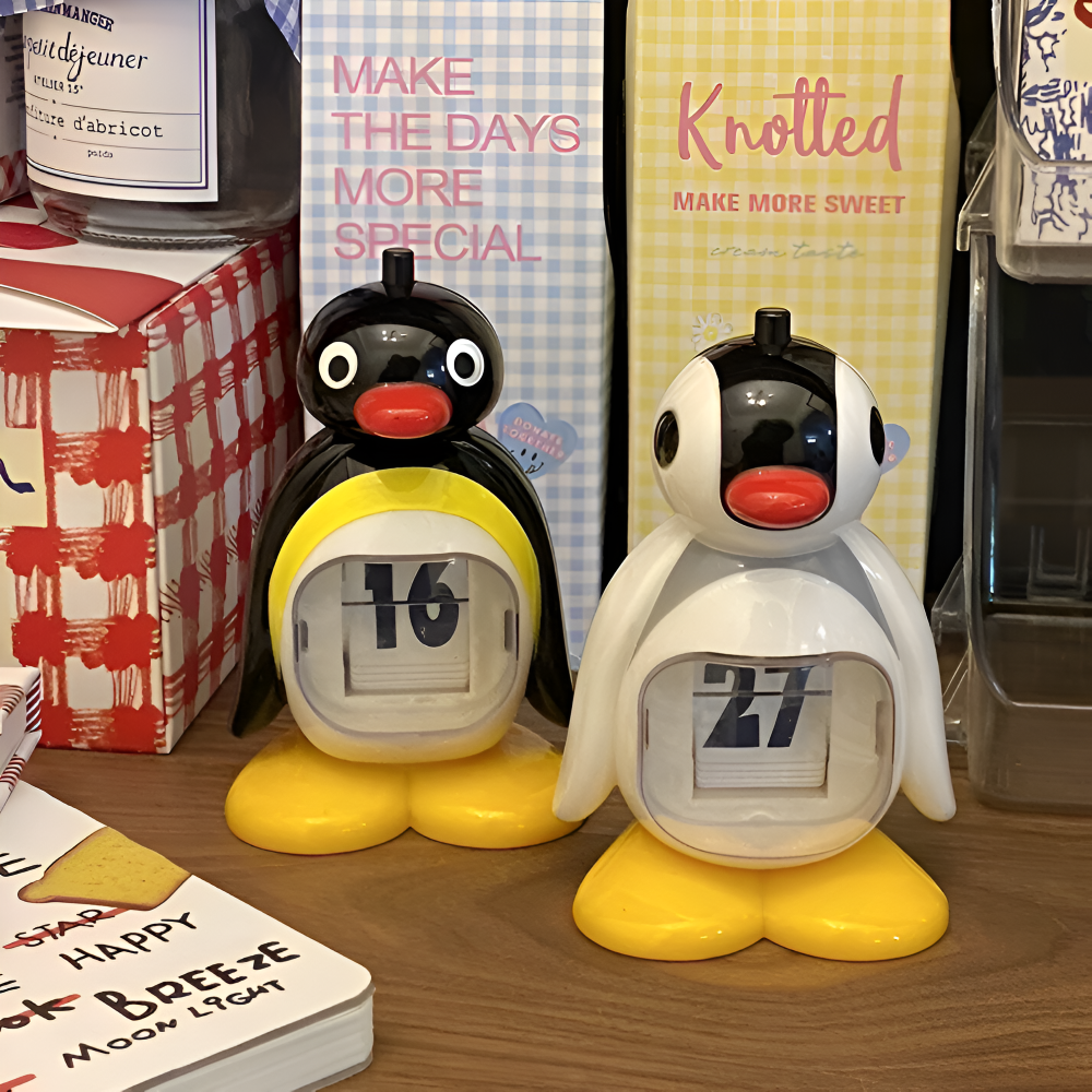 B/W Hue Penguin Kalendarz | Urokliwa Dekoracja Biurkowa i Funkcjonalny Tracker Daty