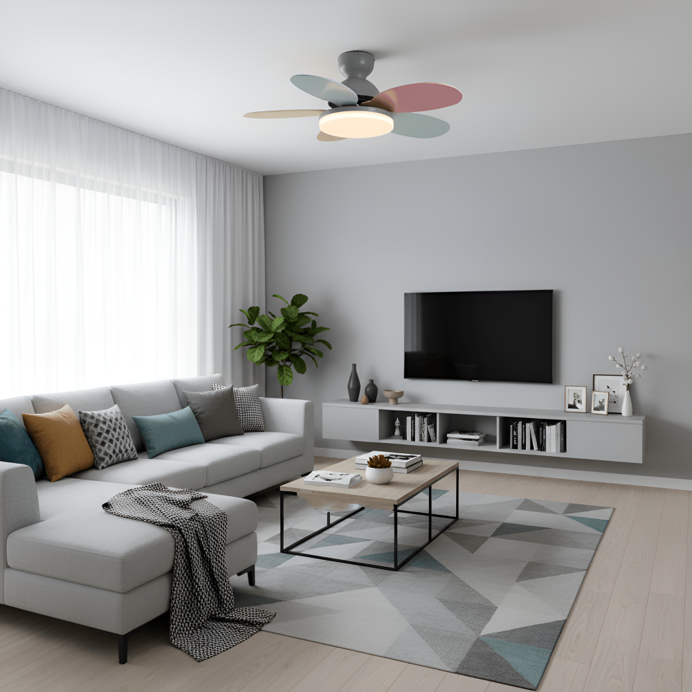 Kolorowy Design Wentylatora sufitowego z Kwiatowym Liściem | Zintegrowane Światło LED