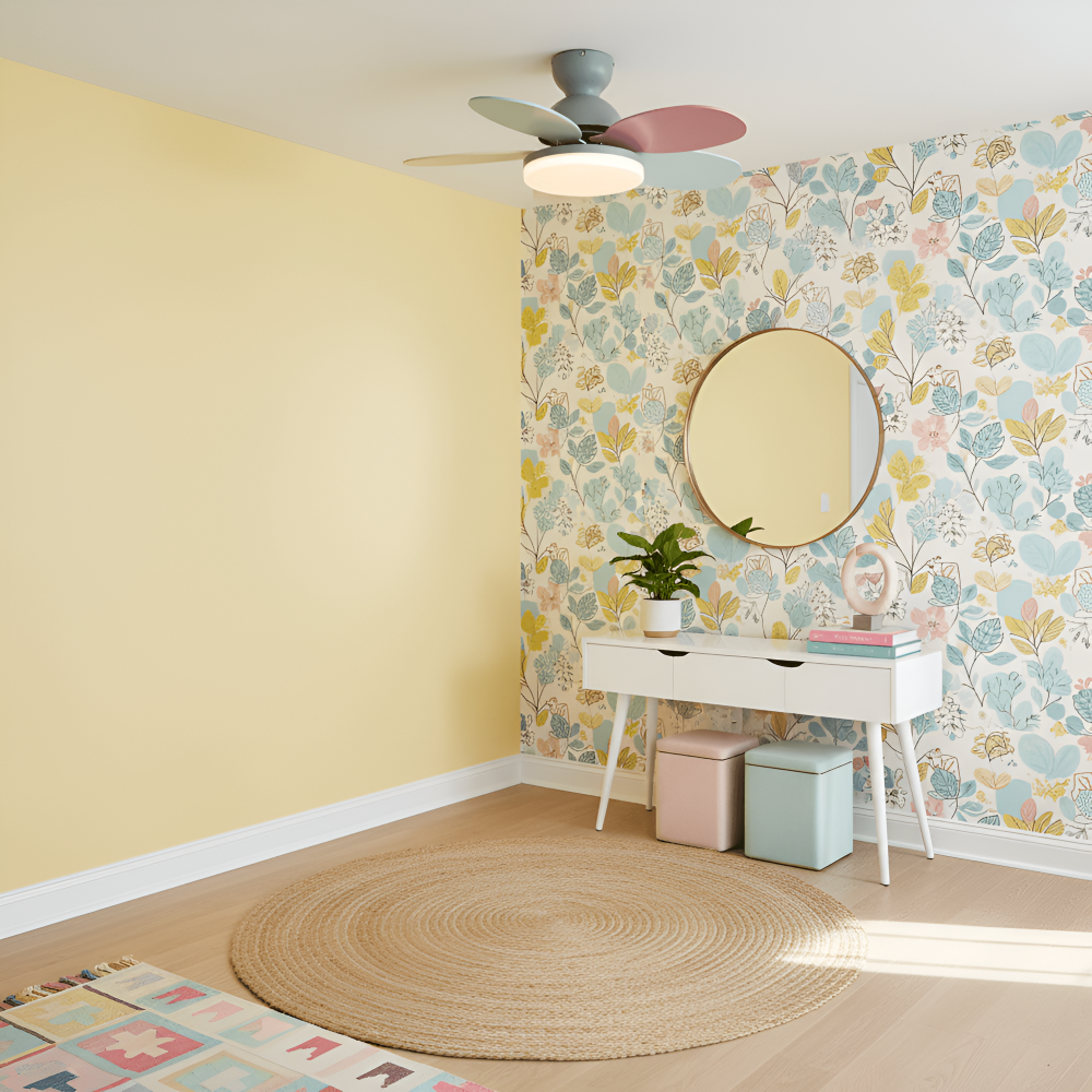 Kolorowy Design Wentylatora sufitowego z Kwiatowym Liściem | Zintegrowane Światło LED