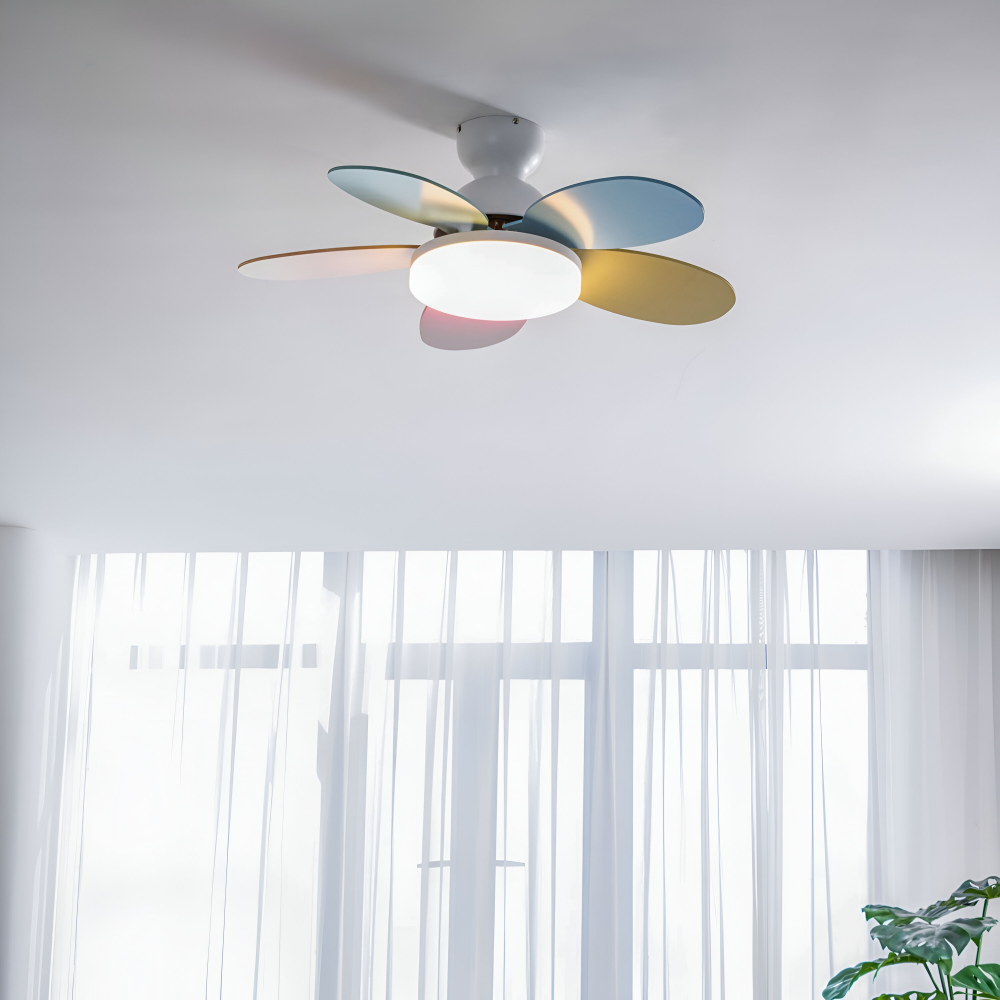 Kolorowy Design Wentylatora sufitowego z Kwiatowym Liściem | Zintegrowane Światło LED