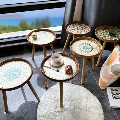 Stół kawowy Scandi | Ręcznie Robiony Okrągły Stół Rattanowy - Stół Kawowy z Drewna