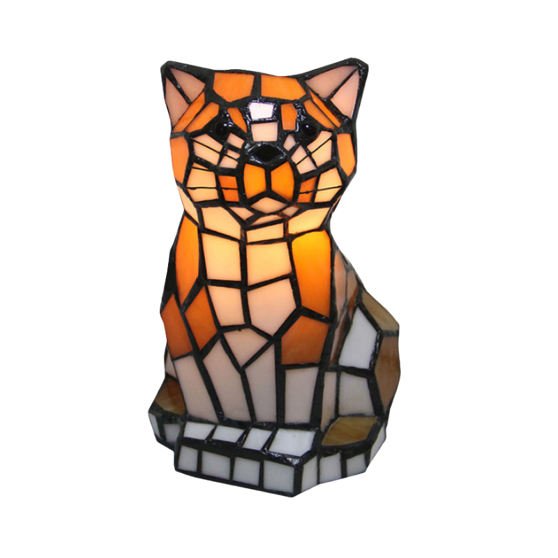 Lampa Akcentowa Tiffany Ze Szkła Z Wzorem Kota Brązowego | Kolorowa Lampa Stołowa Z Jednym Źródłem Światła Na Stolik Nocny