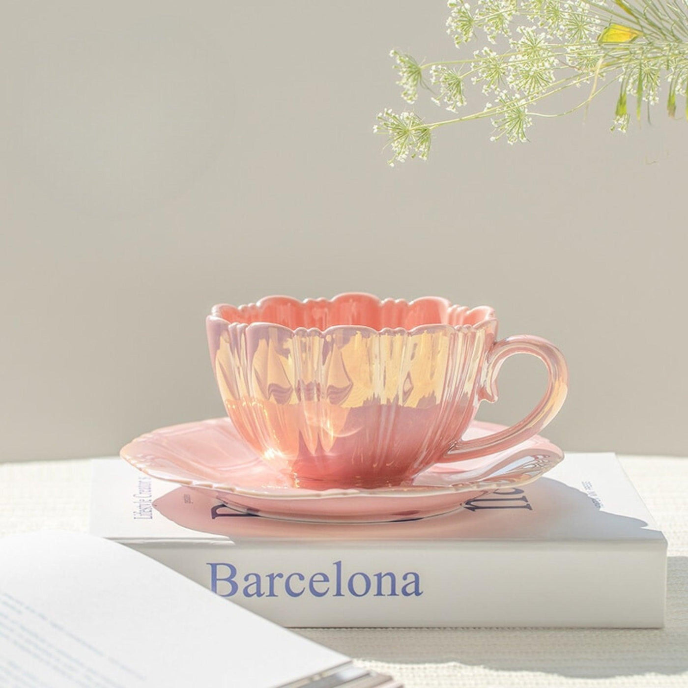 Kubek I Spodek Z Perłowymi Kwiatami | Luksusowy Zestaw Do Kawy I Herbaty