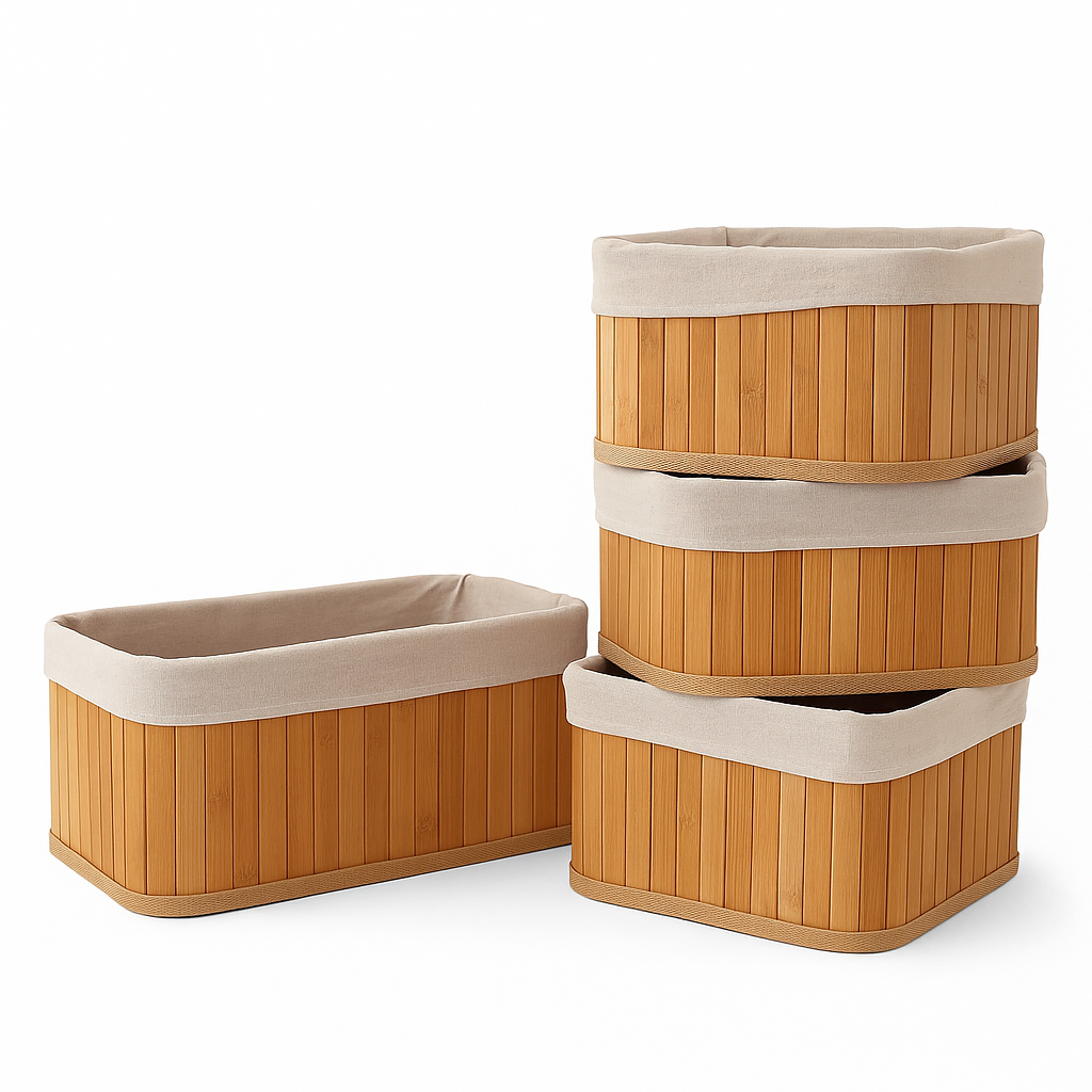 Zestaw Bambusowych Koszyków (4 Sztuki) | Naturalne Kosze Do Przechowywania Z Wyjmowaną Bawełnianą Wyściółką
