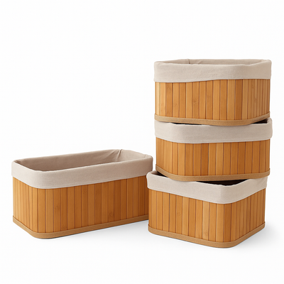 Zestaw Bambusowych Koszyków (4 Sztuki) | Naturalne Kosze Do Przechowywania Z Wyjmowaną Bawełnianą Wyściółką