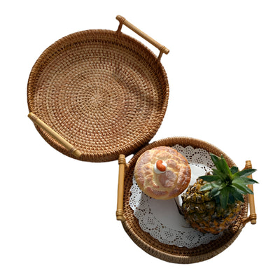 Okrągła Taca Do Serwowania Rattana | Ręcznie Pleciony Naturalny Rattan Z Drewnianymi Uchwytami