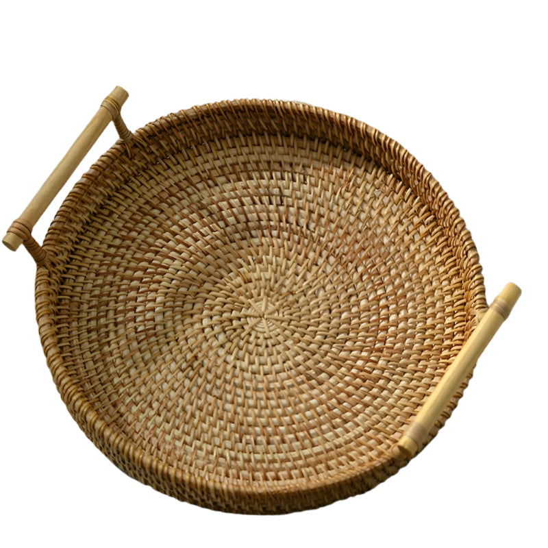 Okrągła Taca Do Serwowania Rattana | Ręcznie Pleciony Naturalny Rattan Z Drewnianymi Uchwytami