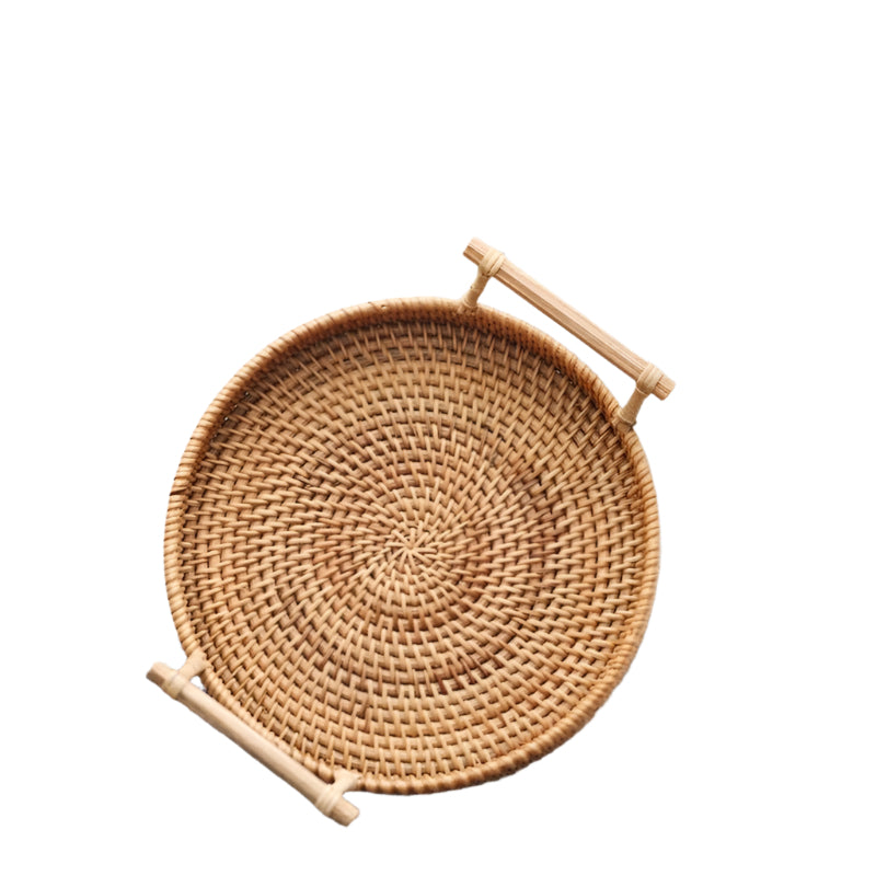 Okrągła Taca Do Serwowania Rattana | Ręcznie Pleciony Naturalny Rattan Z Drewnianymi Uchwytami